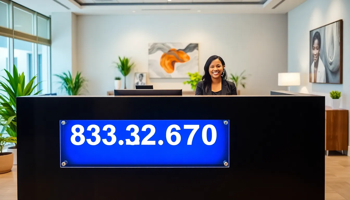 diverse receptionist at a desk showcasing the toll-free number.