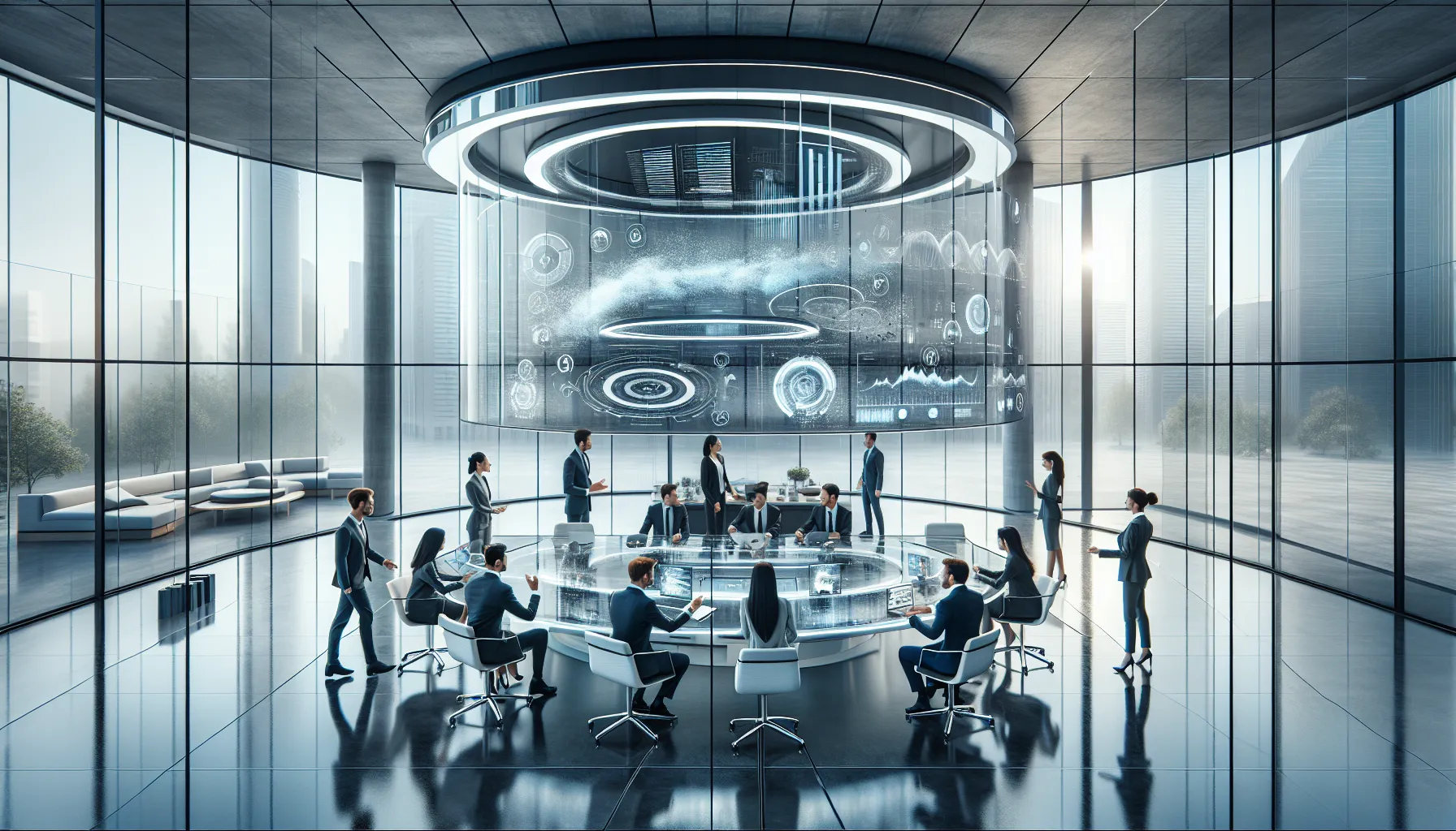 professionals collaborating in a modern office on future trends.