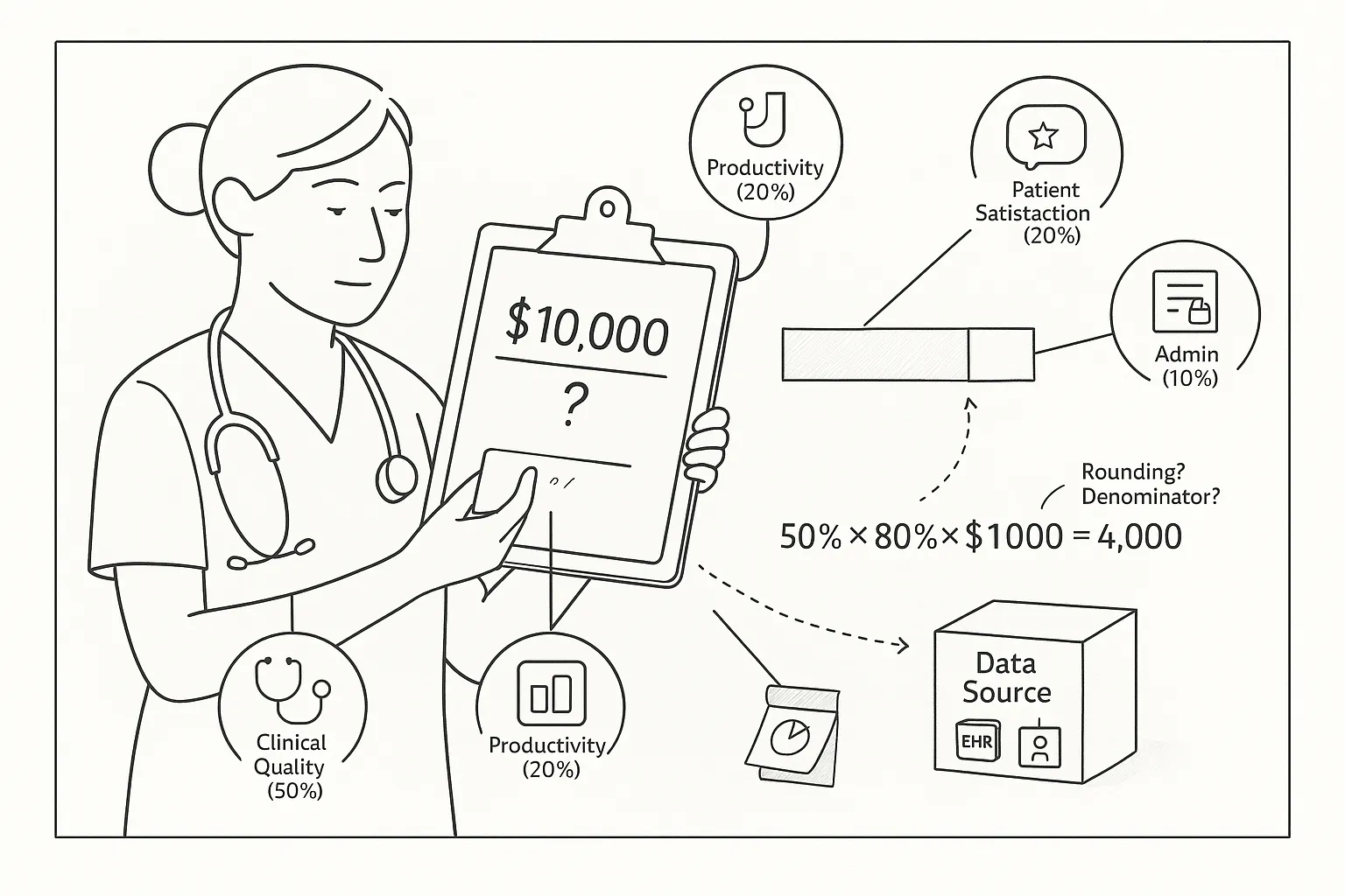 Nurse practitioner reviewing a bonus formula with labeled metric icons and data source ambiguity.