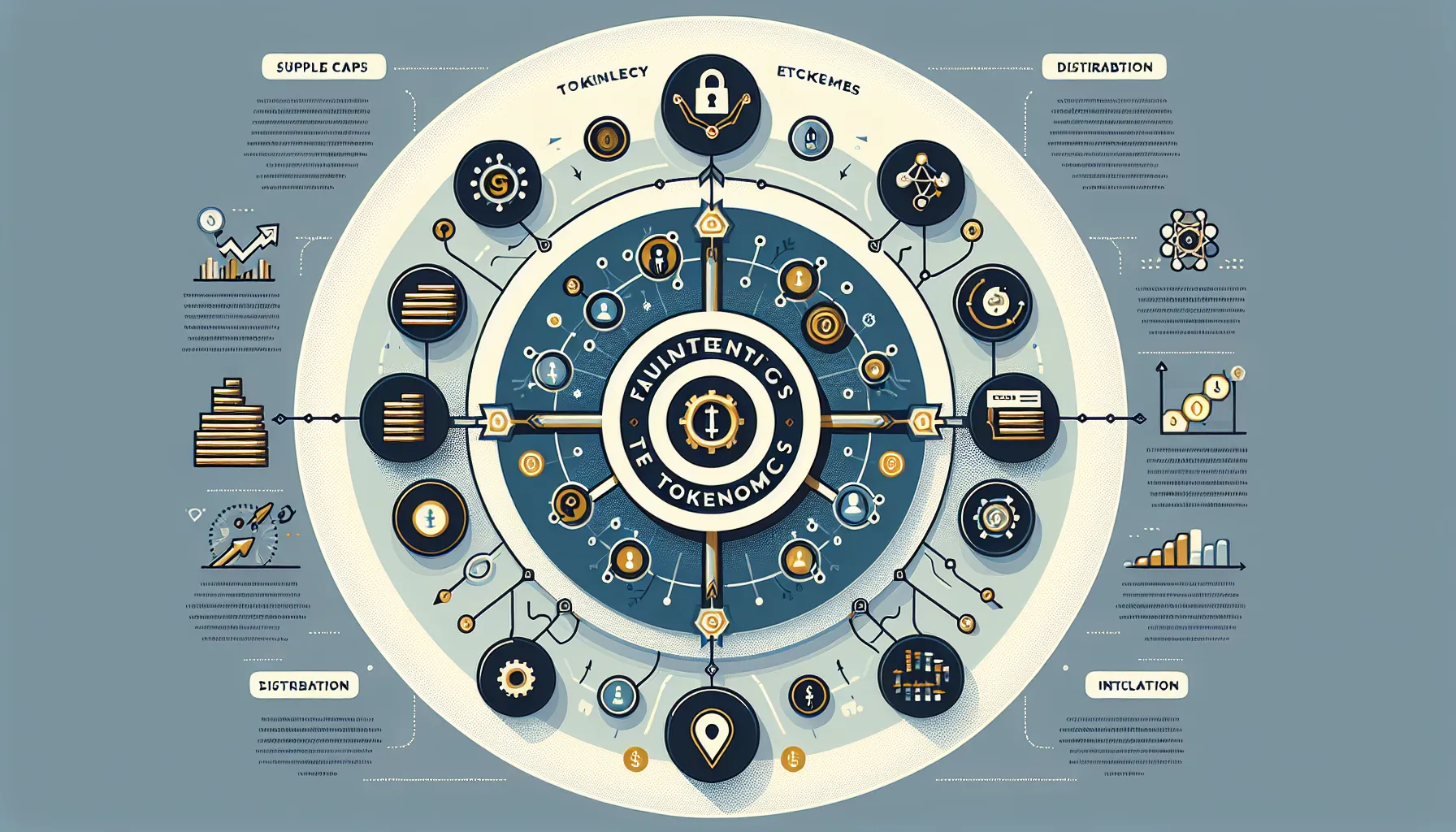 Infographic showing tokenomics fundamentals with supply, distribution, and utility branches around central token symbol.