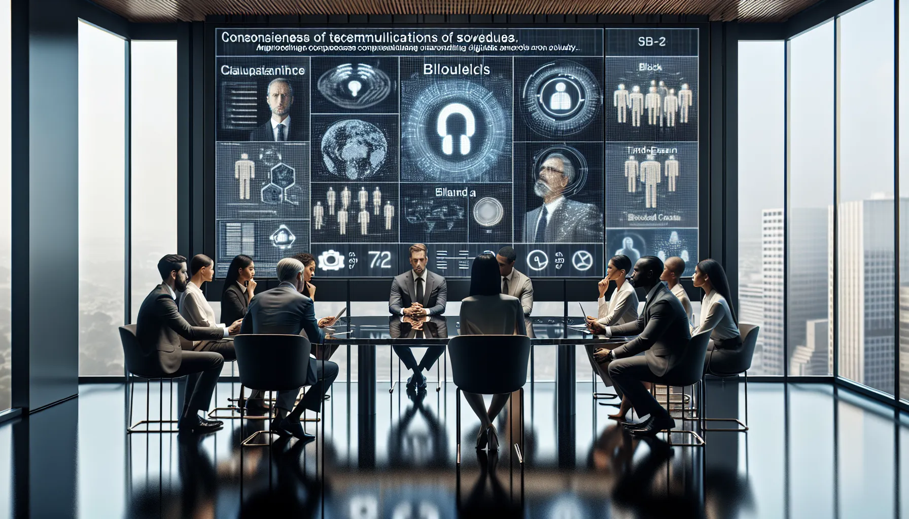 diverse professionals discussing phone security in a modern office.
