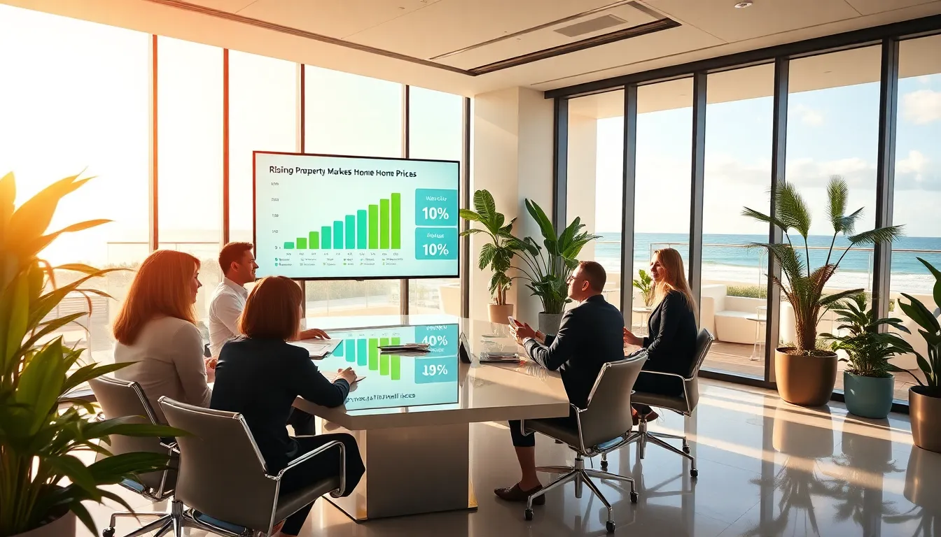 diverse real estate team discussing market trends in an office.