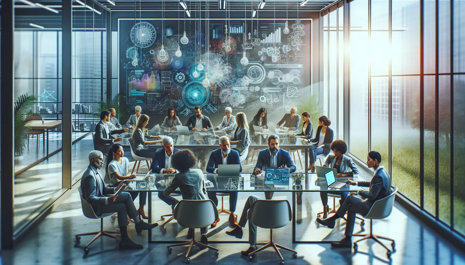 diverse team collaborating in a modern workspace.