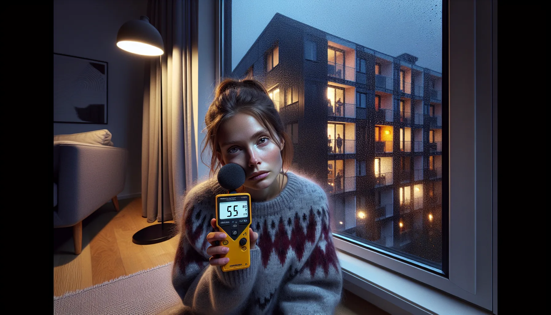 Woman checks decibel meter during loud nighttime party in norwegian apartments.