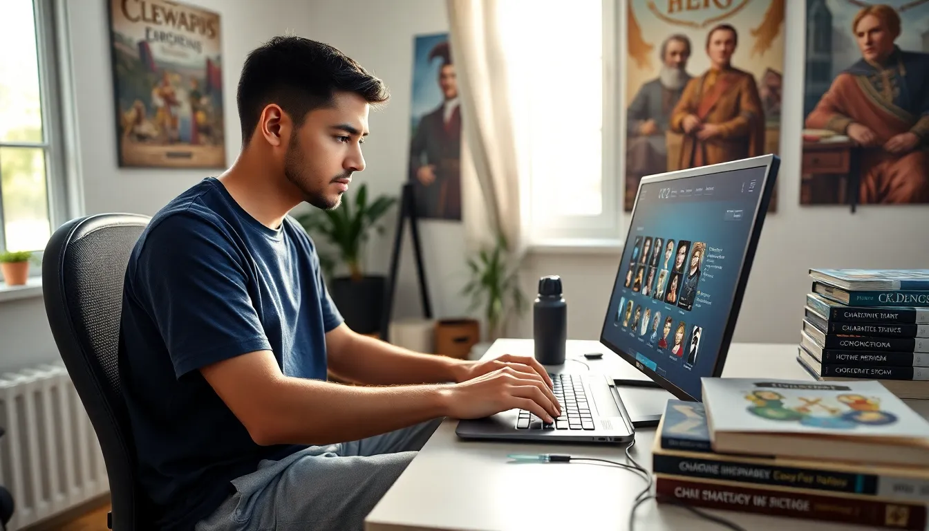 A young man using CK2Generator on a laptop in a modern home office.