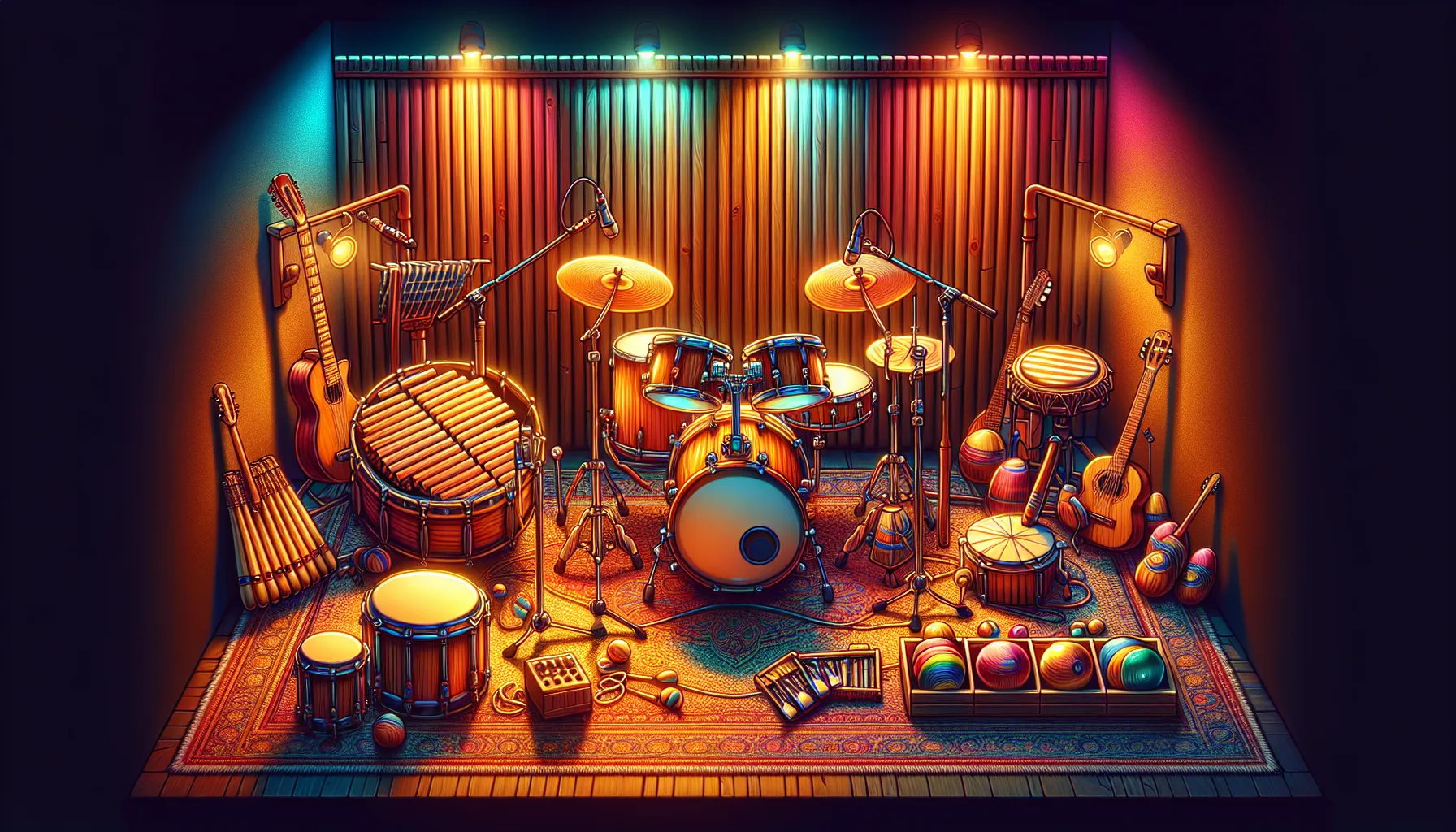A drum kit and percussion instruments displayed in a music studio.