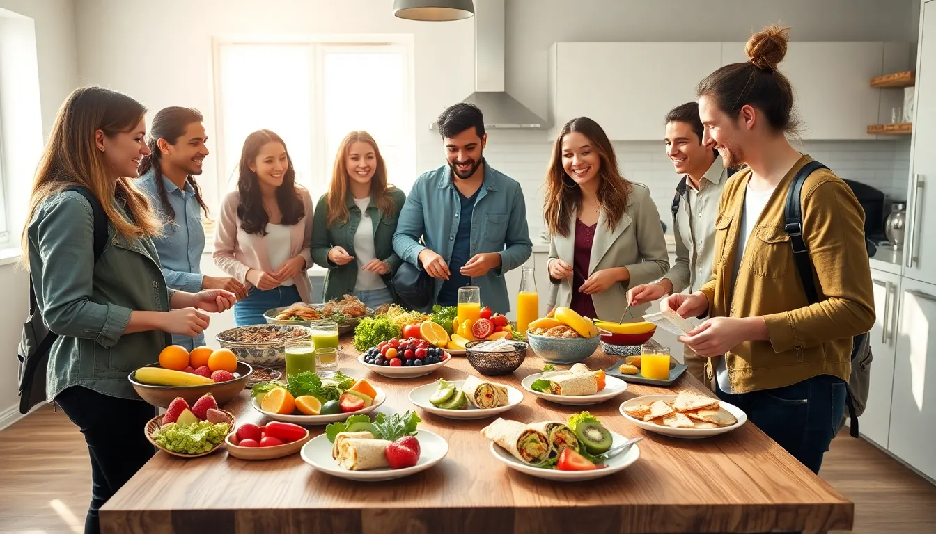 diverse group preparing healthy snacks in a modern kitchen.