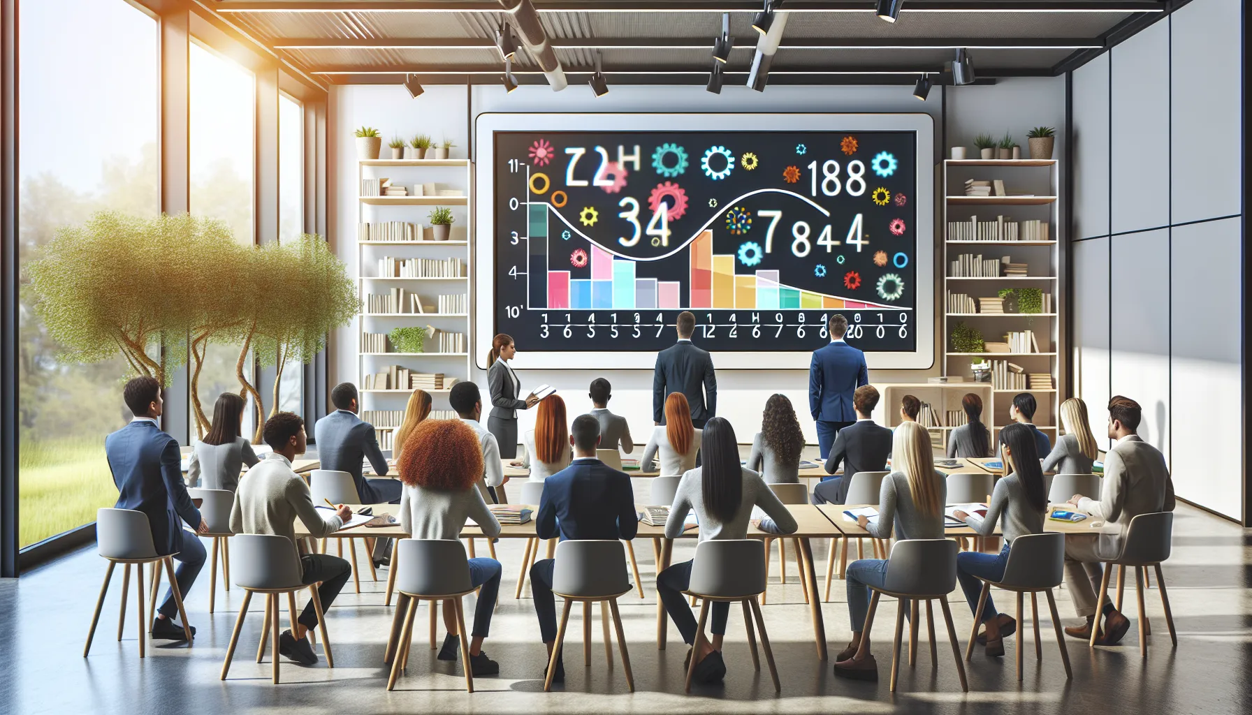 People in a classroom discuss and display positive and negative numbers on a number line.