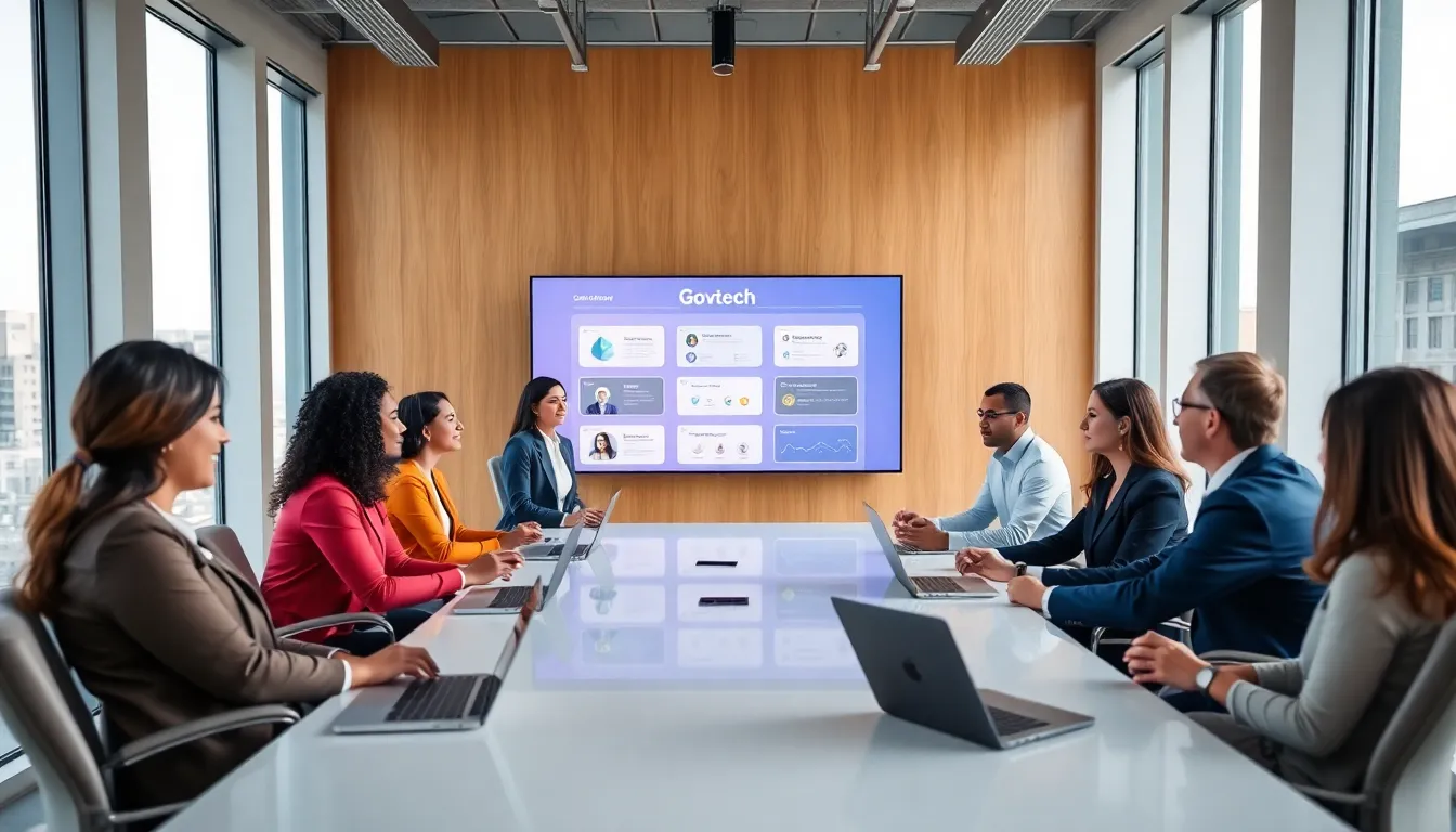 diverse professionals discussing govtech services in a modern conference room.