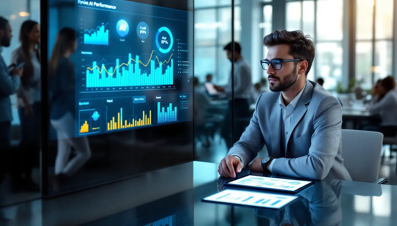 Business analyst reviewing AI performance dashboard in modern office with team collaborating in background.