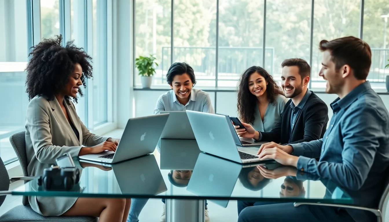 diverse professionals collaborating in a modern workspace.