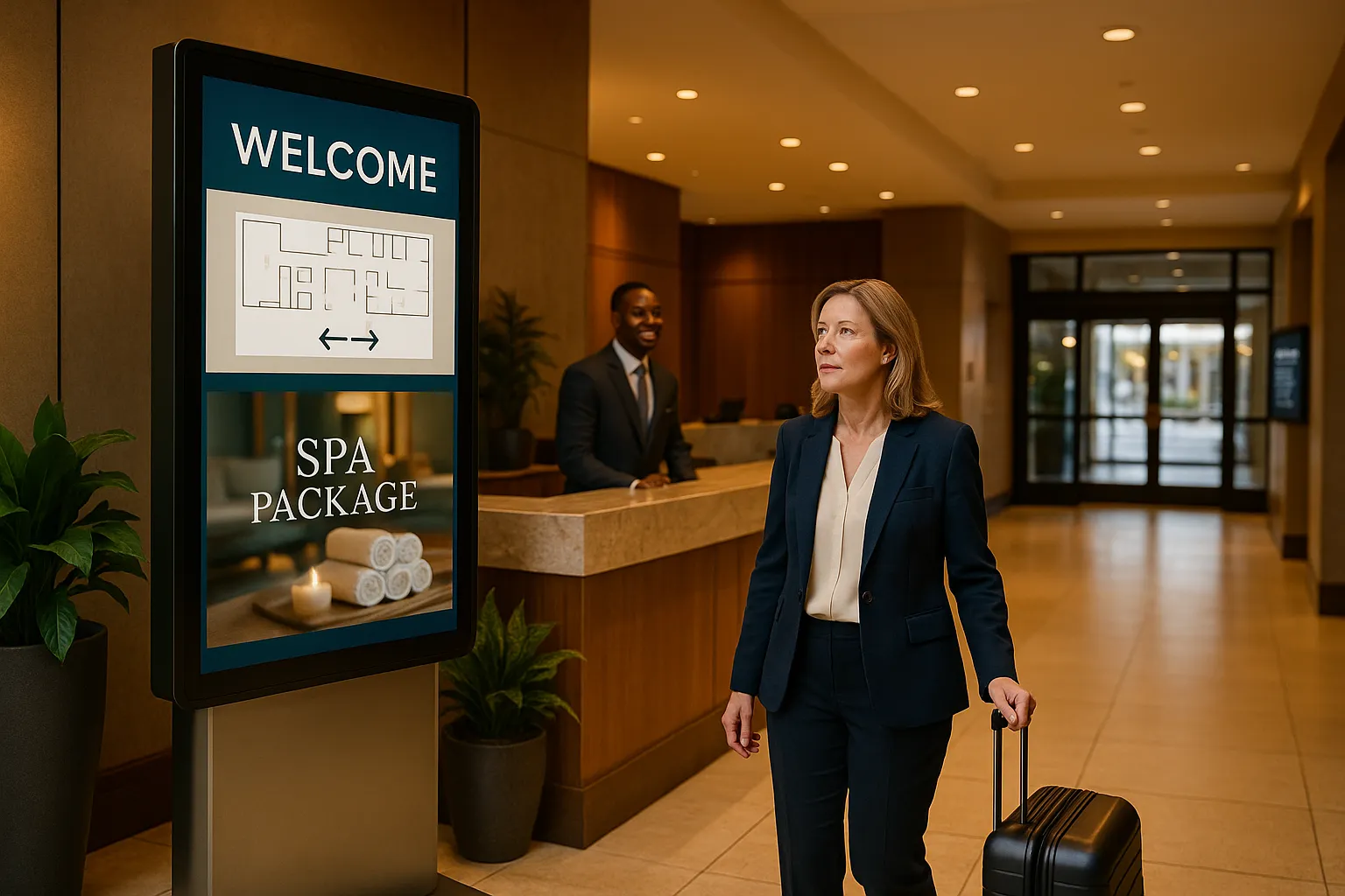 Modern hotel lobby with a large digital signage display showing guest information and promotions.
