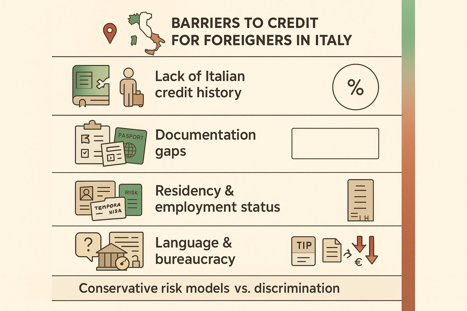 Infografica a pannelli che mostra cinque barriere creditizie comuni che gli stranieri affrontano in Italia.
