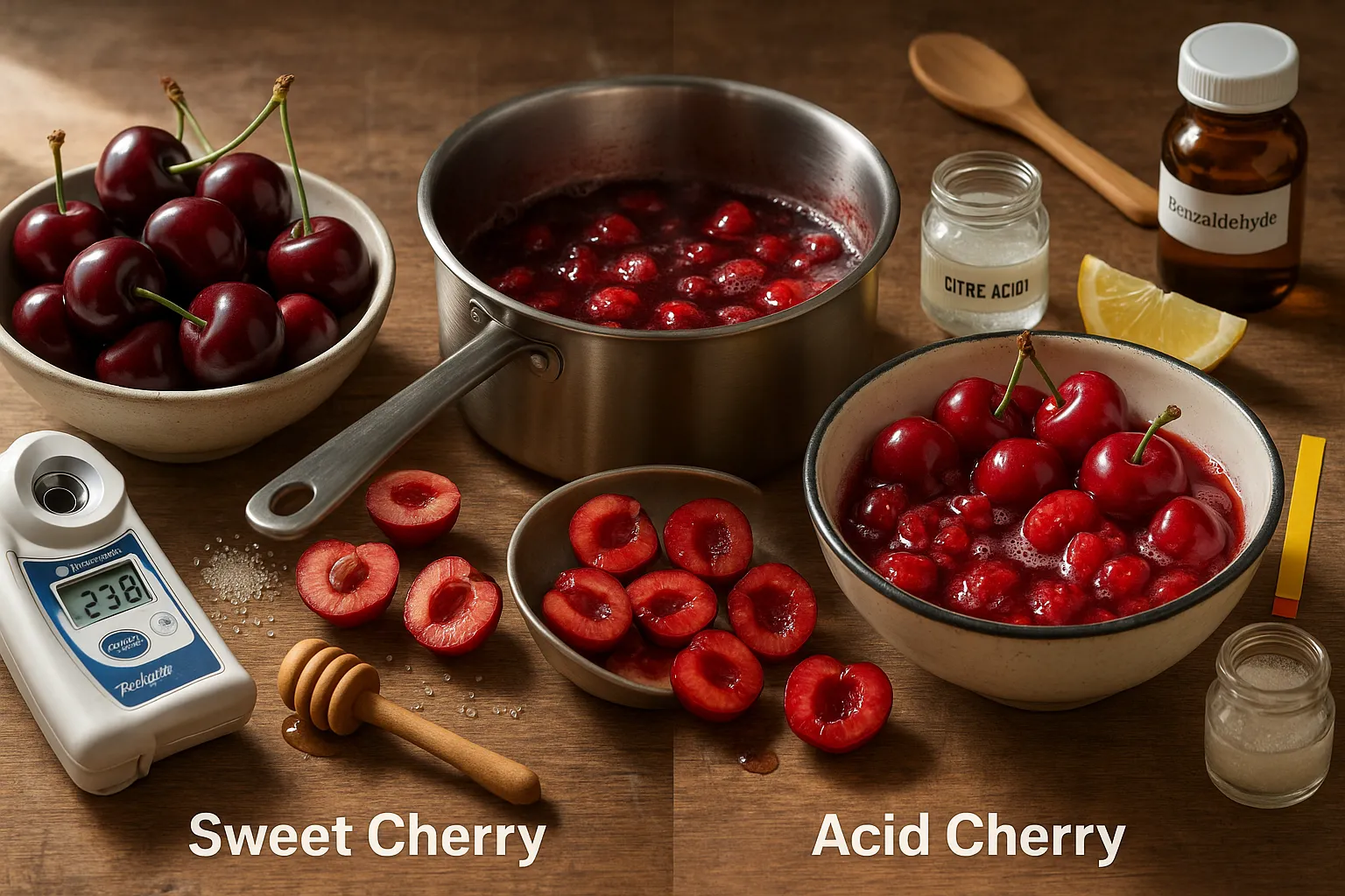 Two bowls showing firm sweet cherries and soft tart cherries with jam nearby.