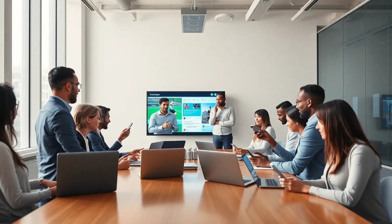 diverse professionals discussing sports in a modern office setting.