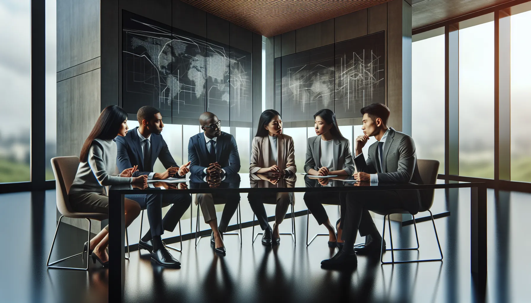 Diverse professionals discussing in a modern office setting.