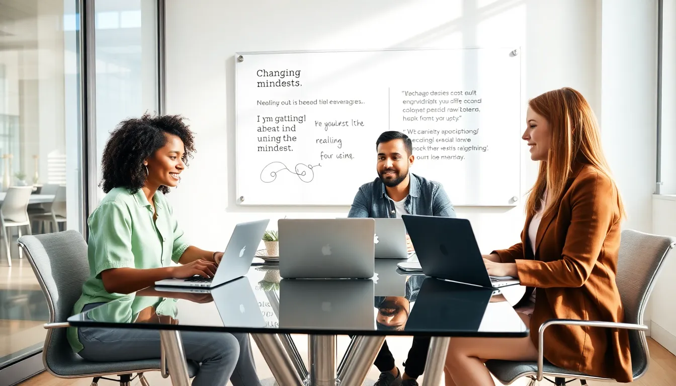 diverse professionals collaborating with mindset quotes in a modern office.