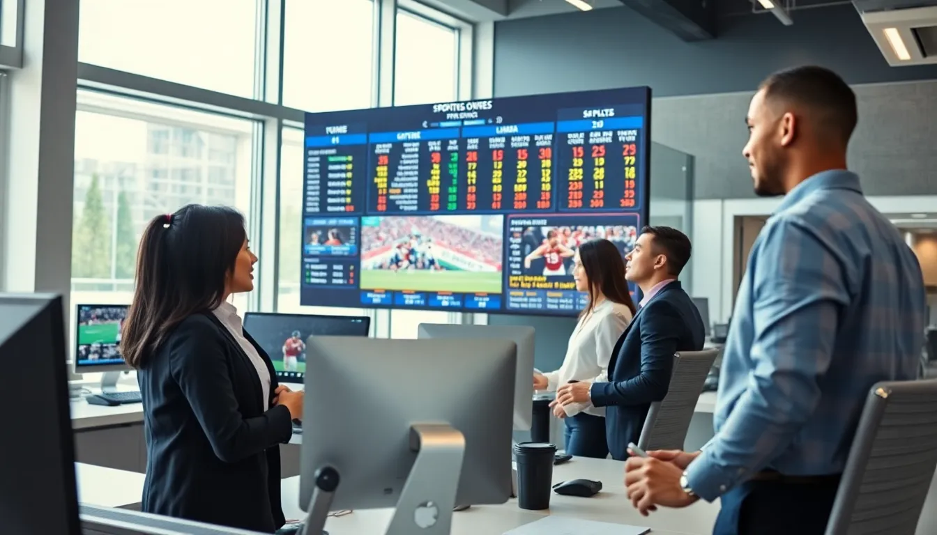 diverse professionals in a modern sportsbook office discussing betting services.