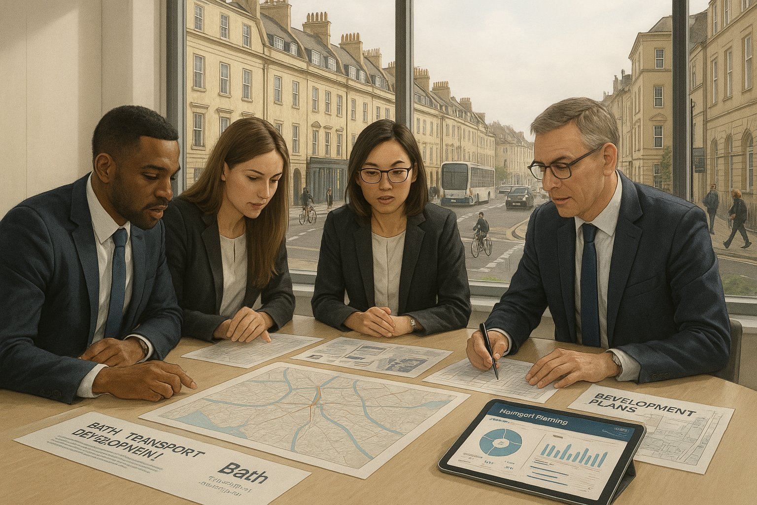 Transport planners reviewing Bath development and street network in a modern office.