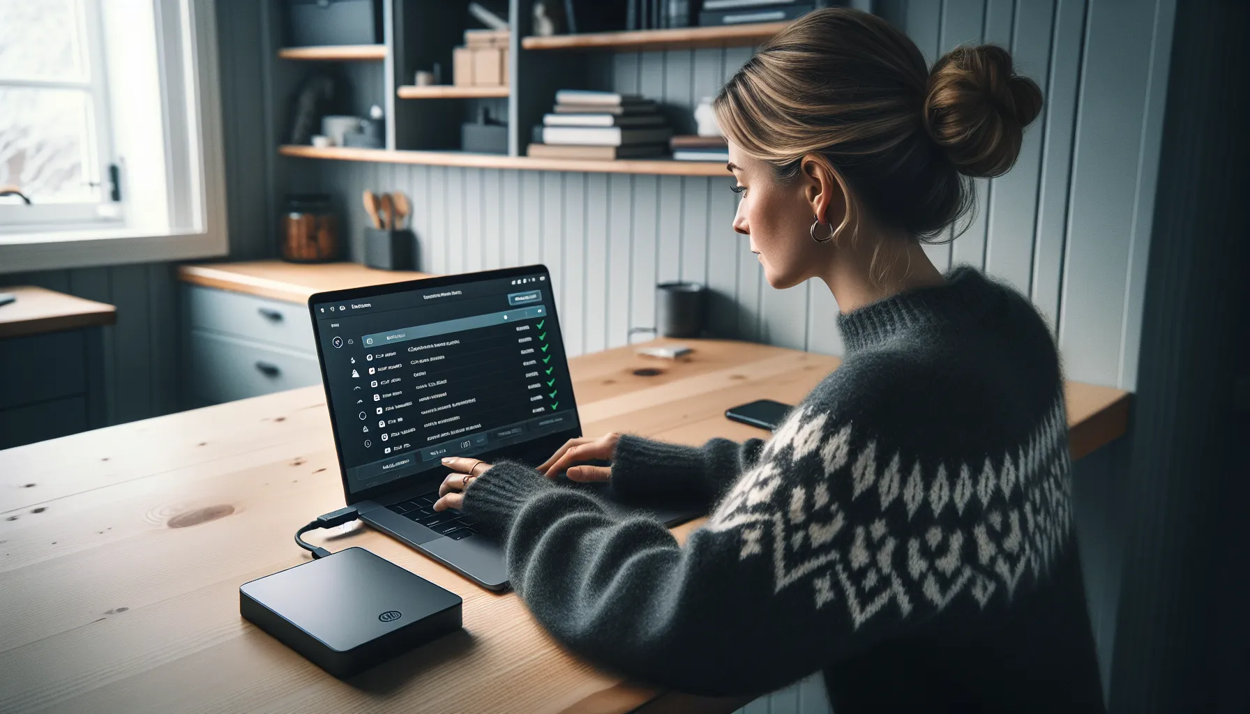 Norwegian woman securing legal personal backup with encrypted laptop and external ssd.