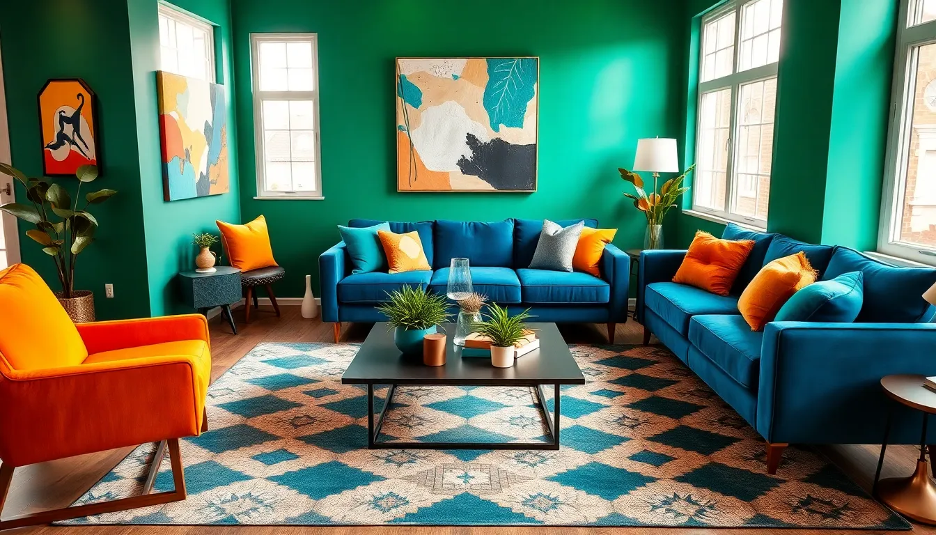vibrant living room with bold colors and eclectic design elements.