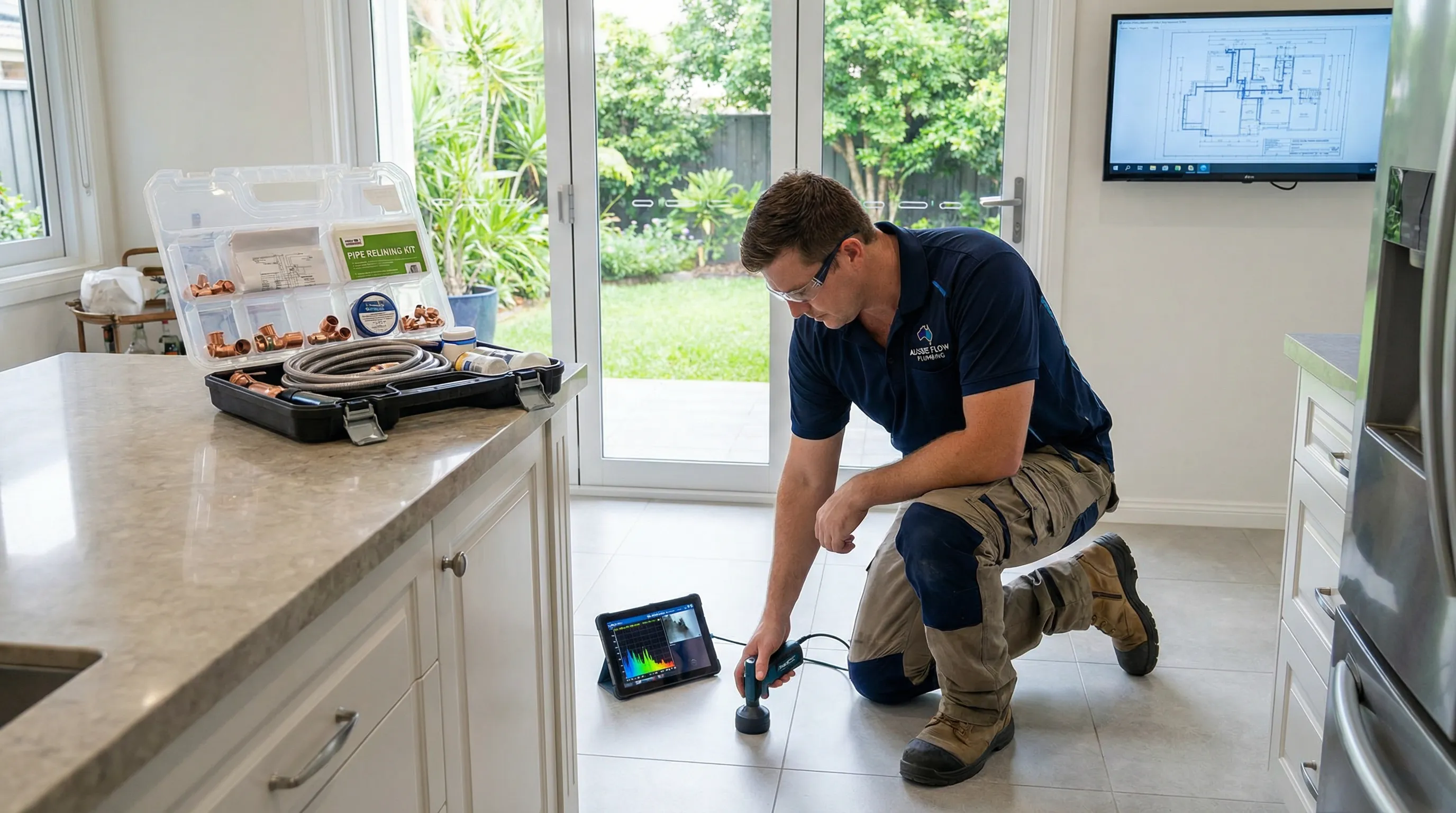 Professional plumber using leak detection tools in a modern Brisbane home.
