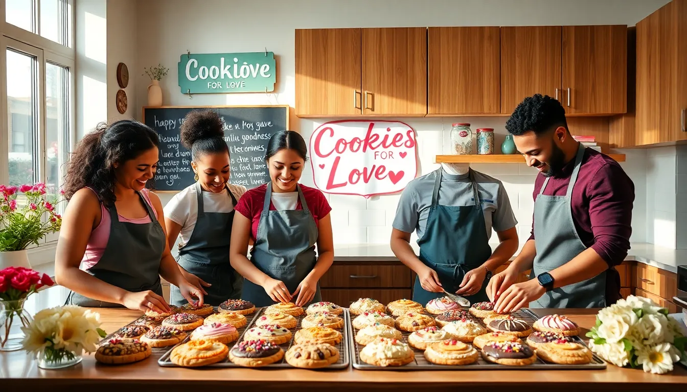 diverse bakers decorating cookies in a cheerful kitchen setting.