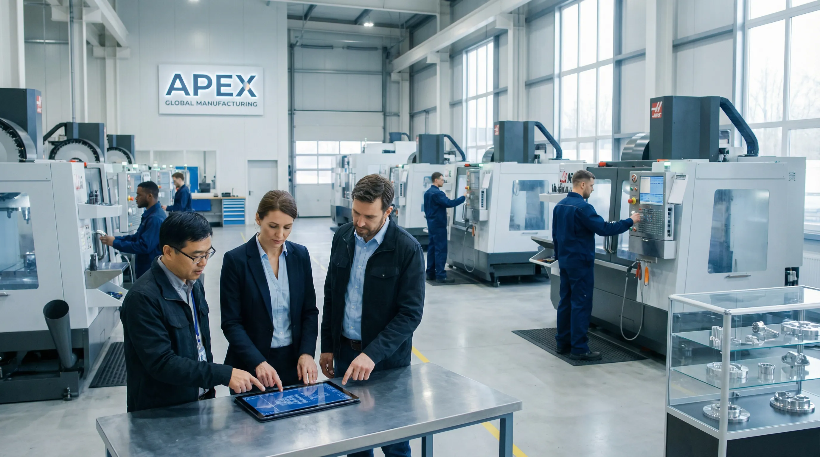 Diverse engineers reviewing CNC milling operations in a modern Chinese factory.