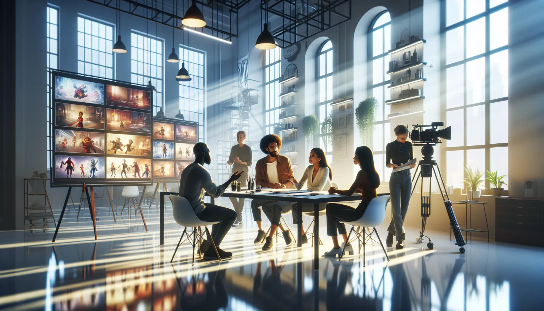 diverse filmmakers discussing live action anime adaptations in a modern studio.