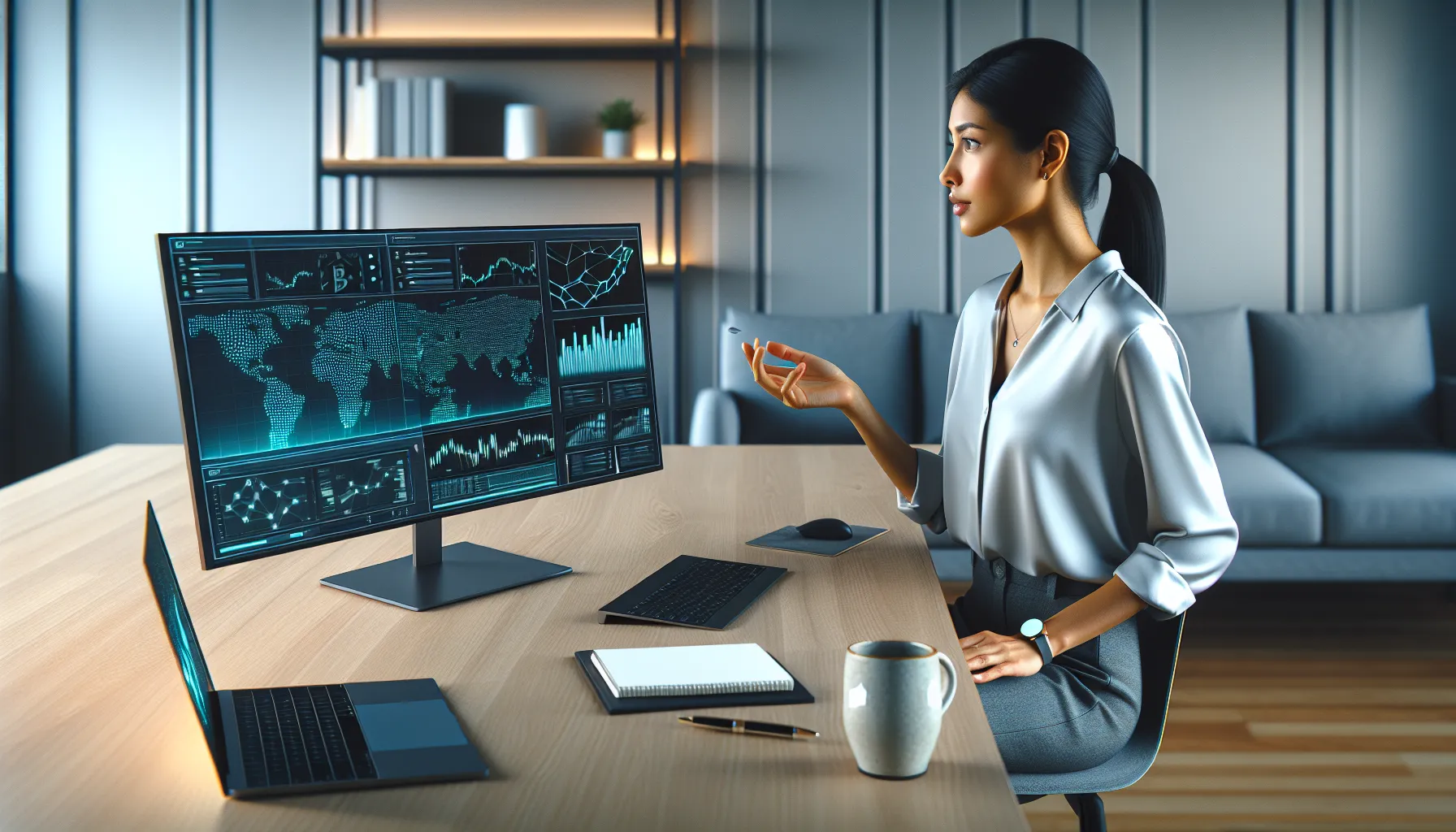 Professional at desk viewing cryptocurrency trading bot dashboard in modern office setting.