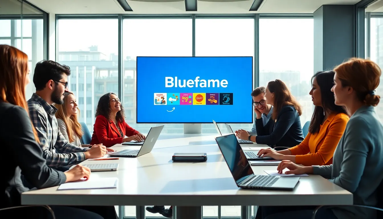 diverse team collaborating in a modern office environment for Blueflamepublishing.