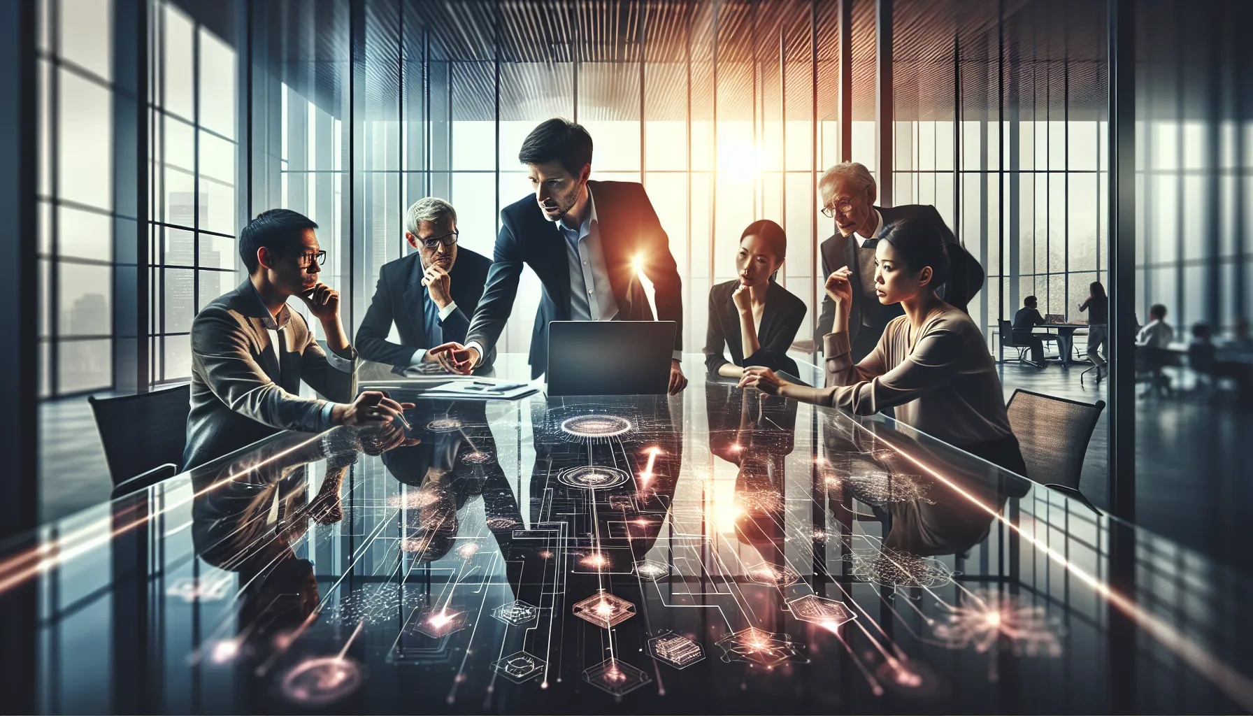 diverse team discussing complex concepts in a modern office.