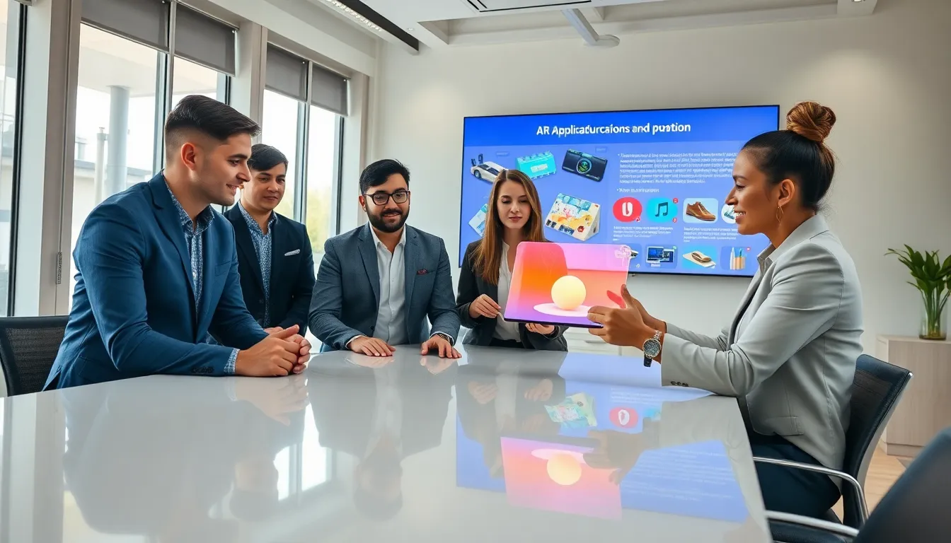 diverse team of augmented reality experts collaborating in an office.