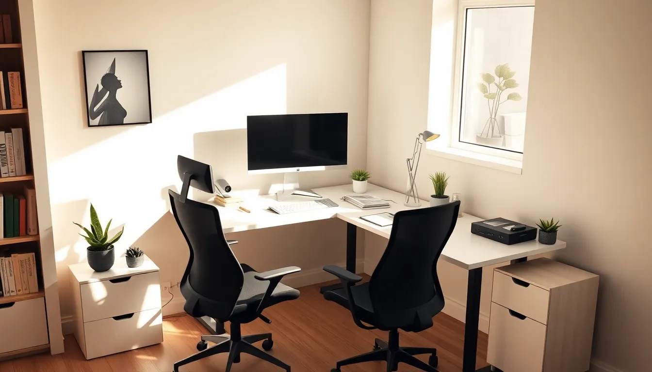 modern home office with an L shaped desk and dual monitors.