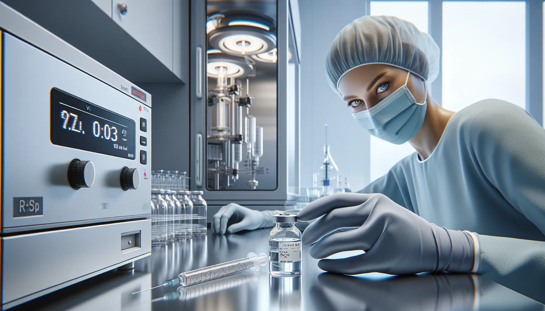 Norwegian lab technician inspects sterile borosilicate vial under cool daylight.