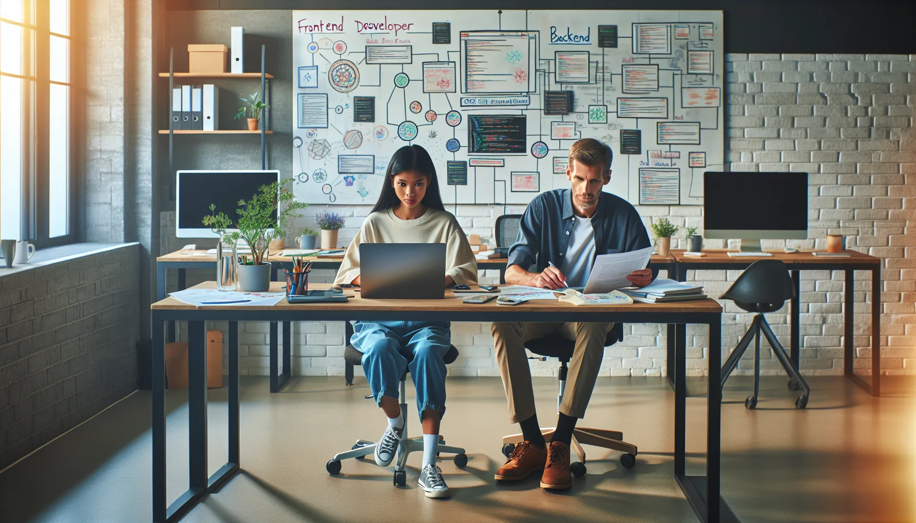 Two developers collaborating in an office, representing frontend and backend development.