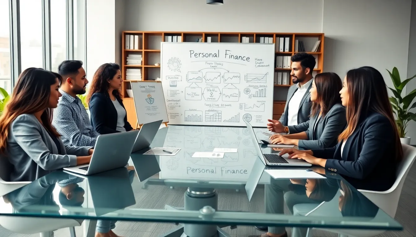 diverse team discussing personal finance in a modern office.