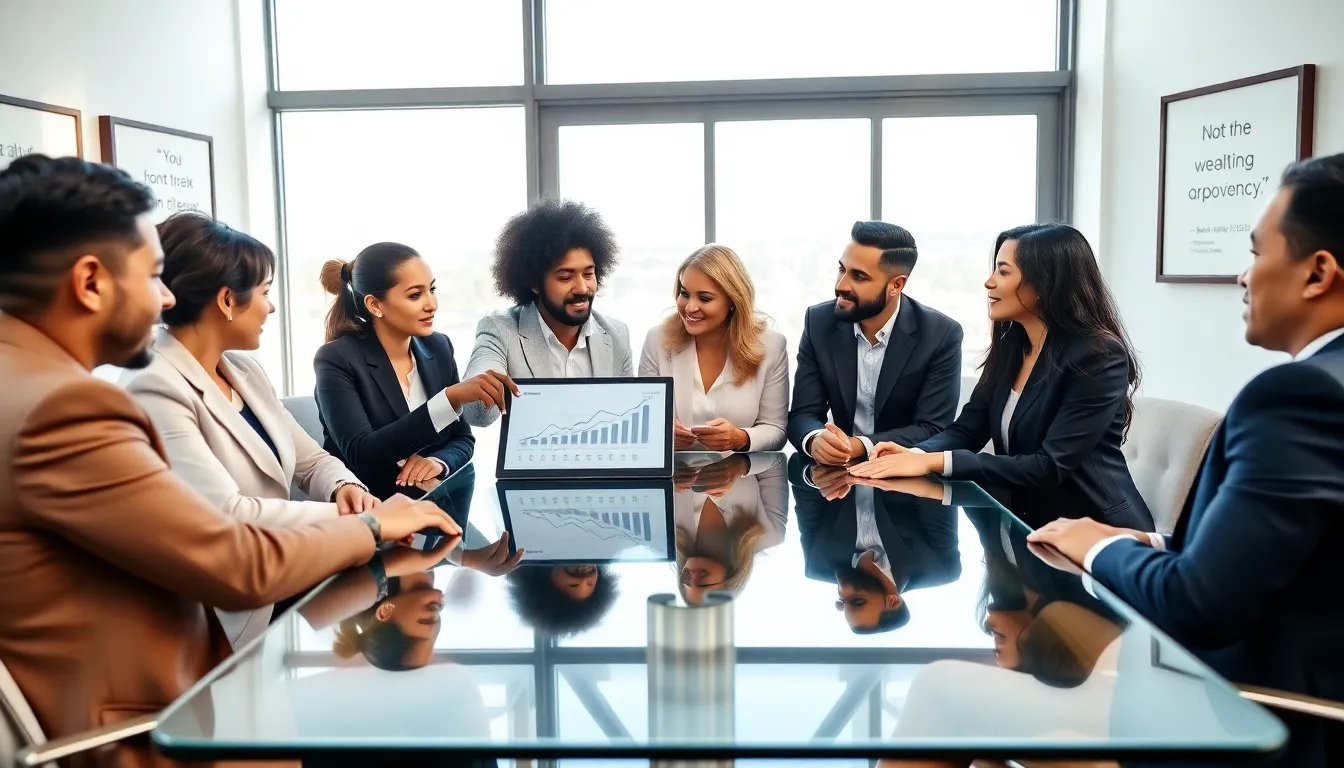 professionals discussing wealth strategies in a modern office.