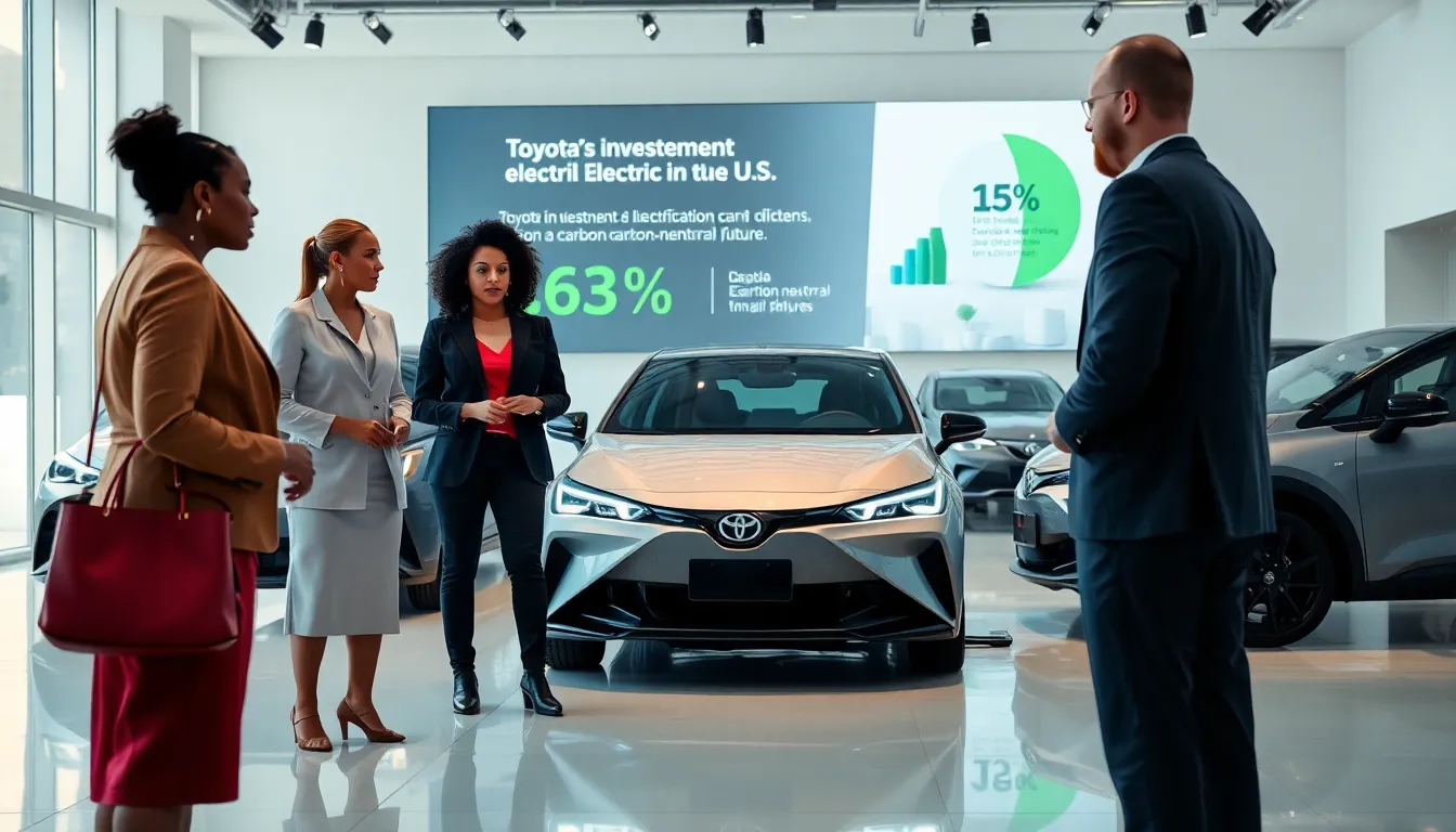 professionals discussing Toyota's electric vehicles in a modern showroom.
