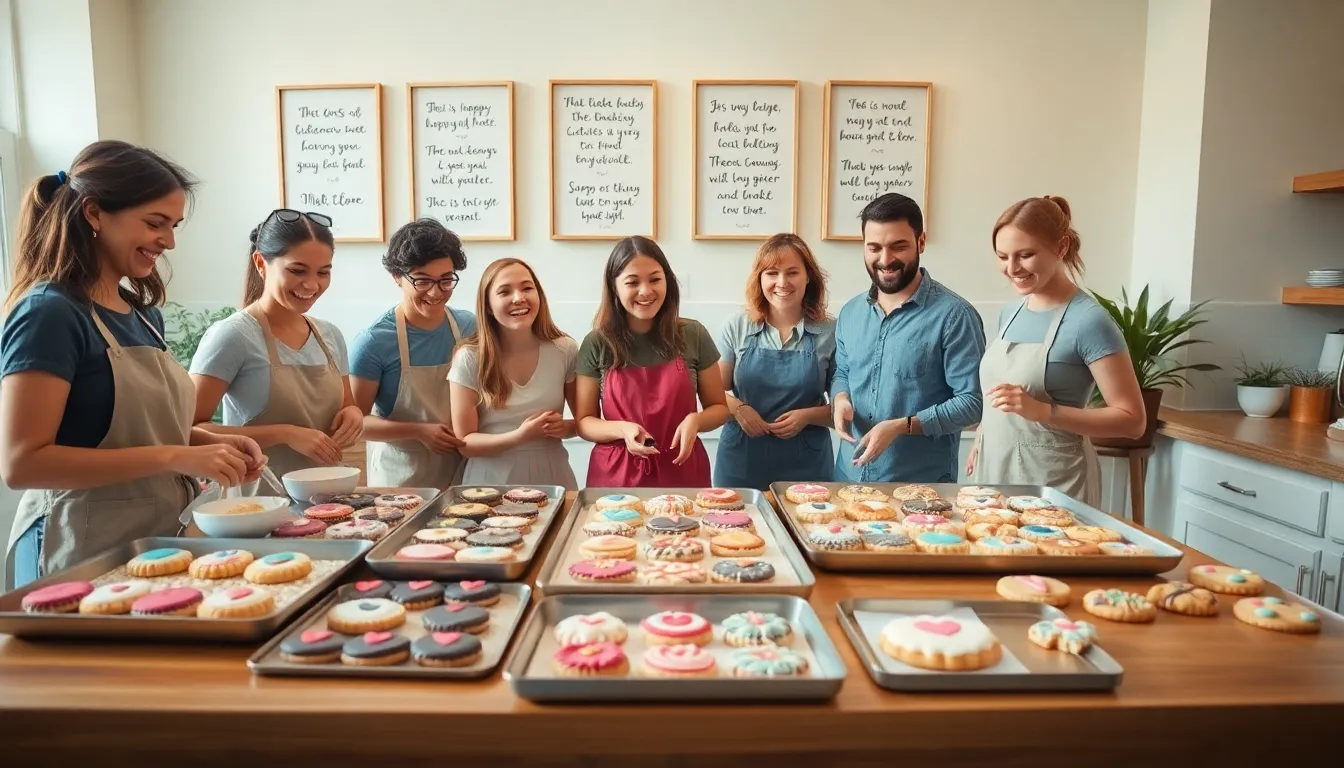 friends baking cookies together in a bright, welcoming kitchen.