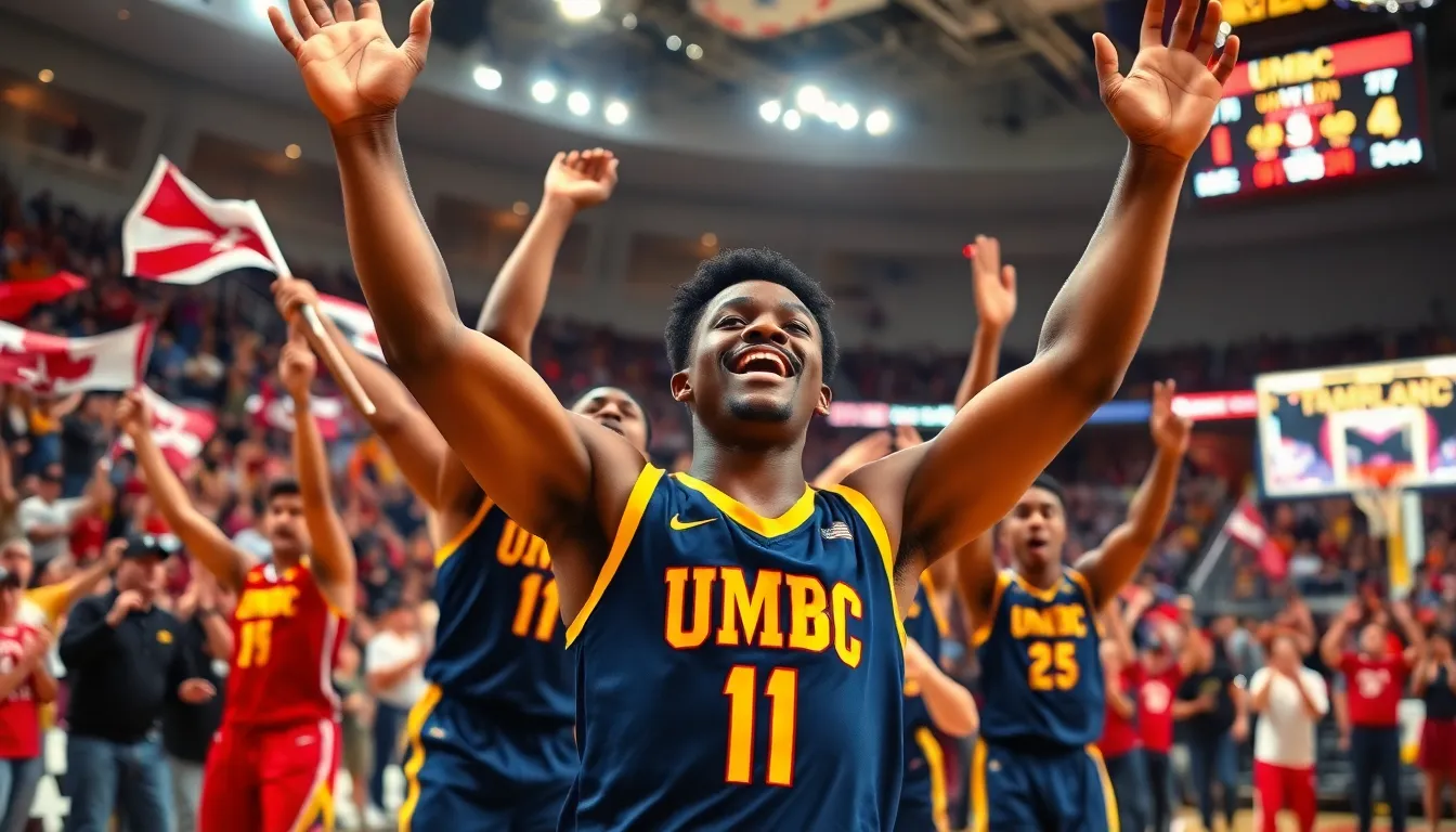 A UMBC player celebrates an unexpected victory in a basketball game.