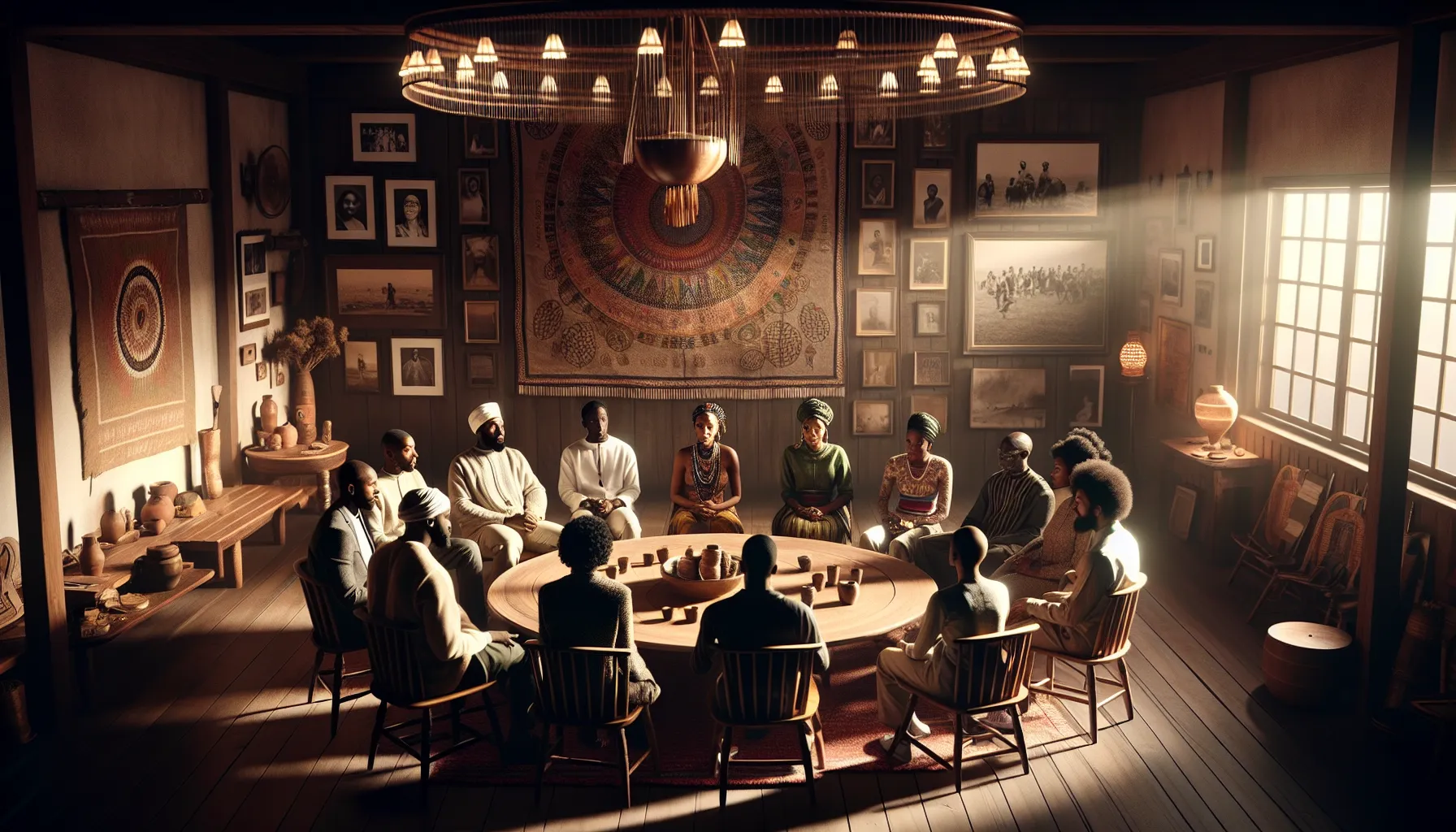 diverse group sharing stories around a table in a cozy setting.