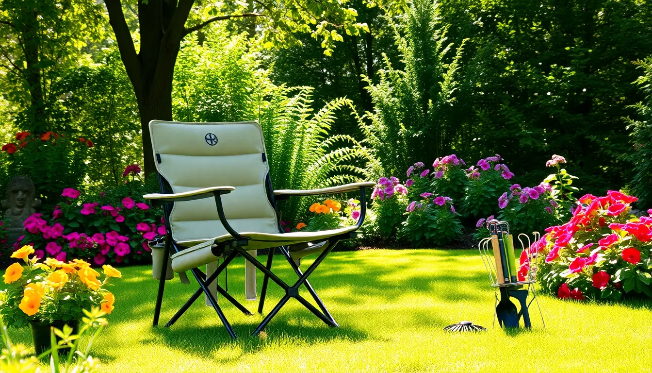 a stylish gardening chair in a vibrant flower garden.