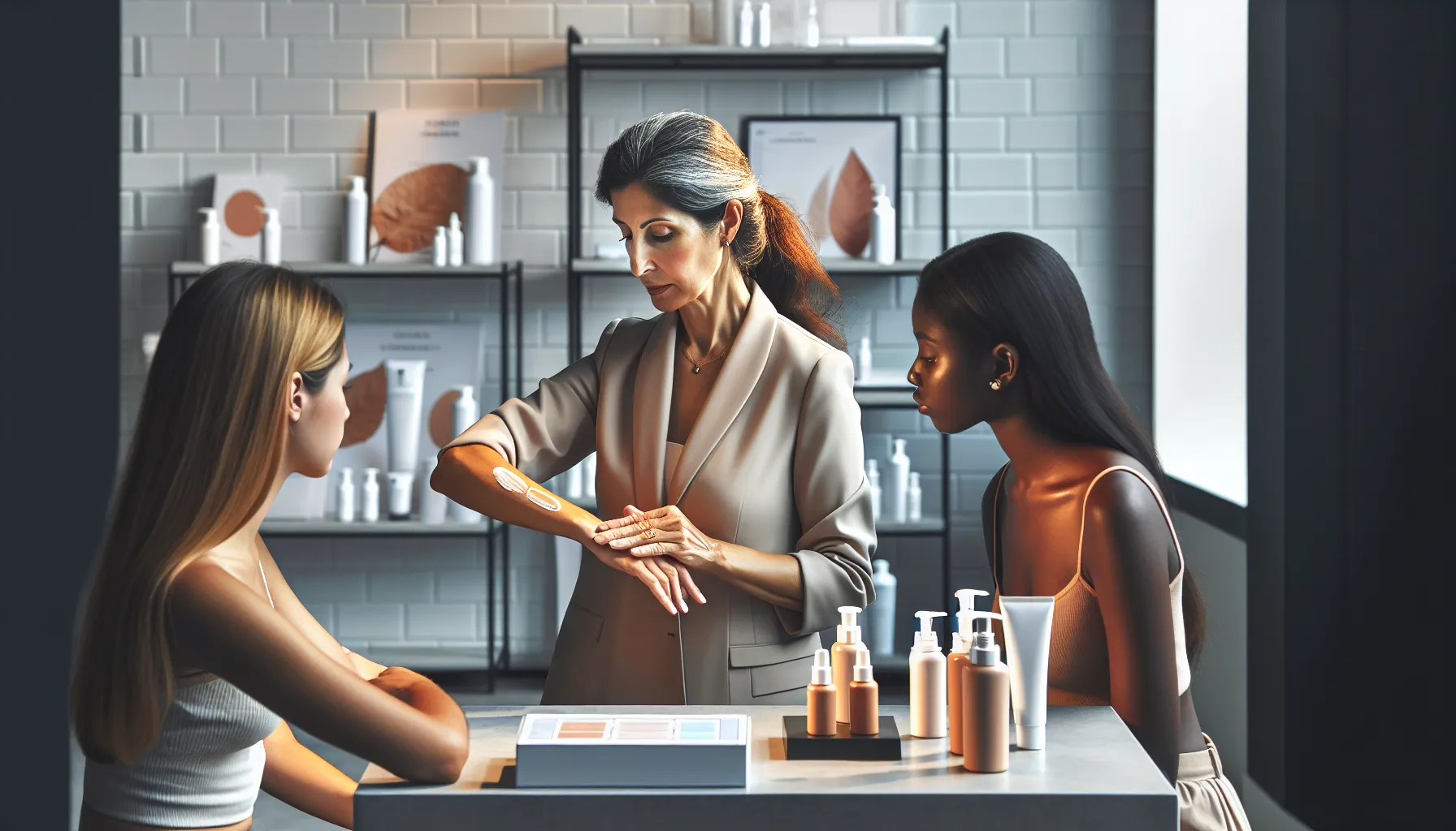 diverse skincare professionals discussing serum application and precautions.