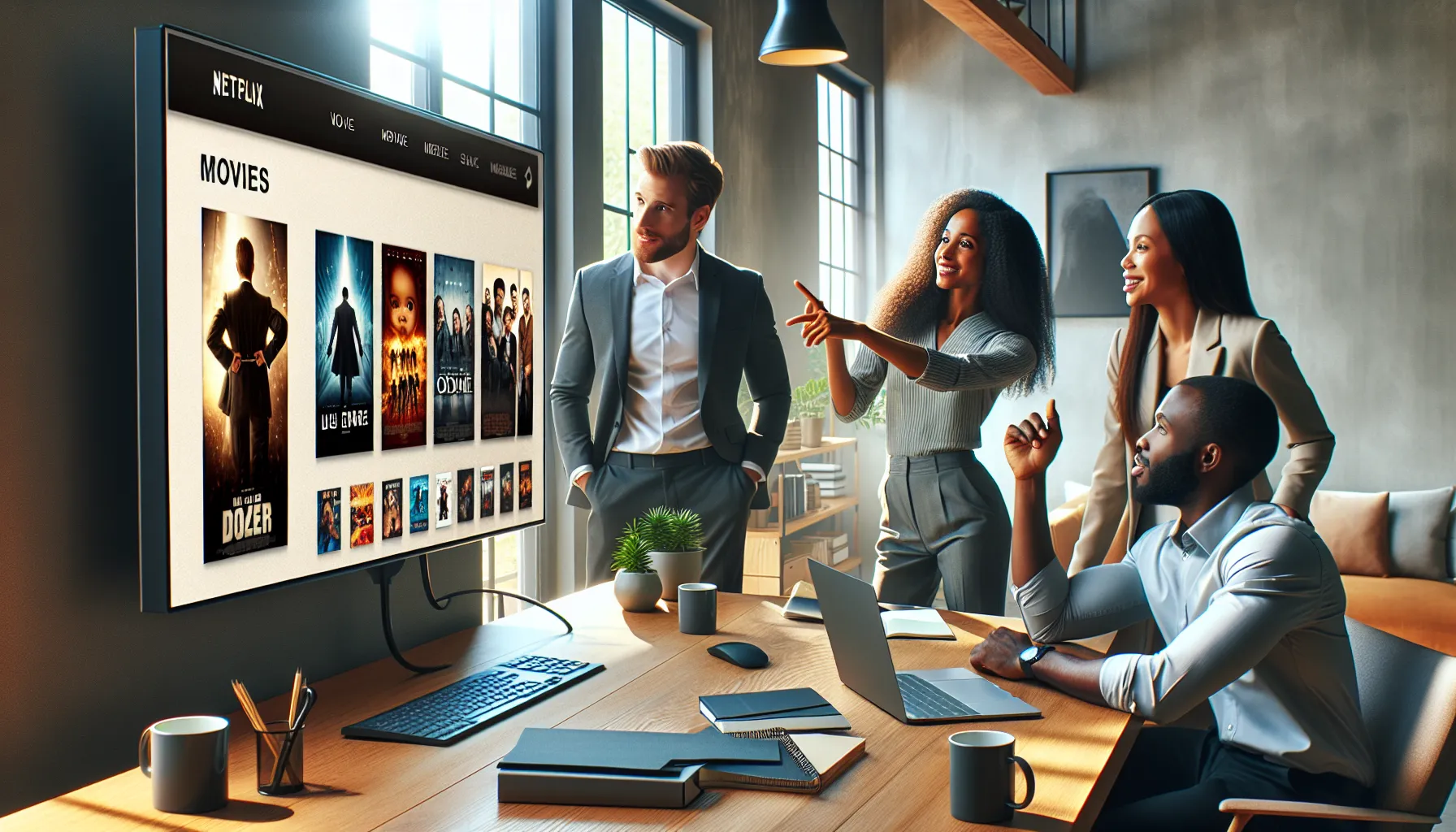 professionals discussing movie platform in a modern office.