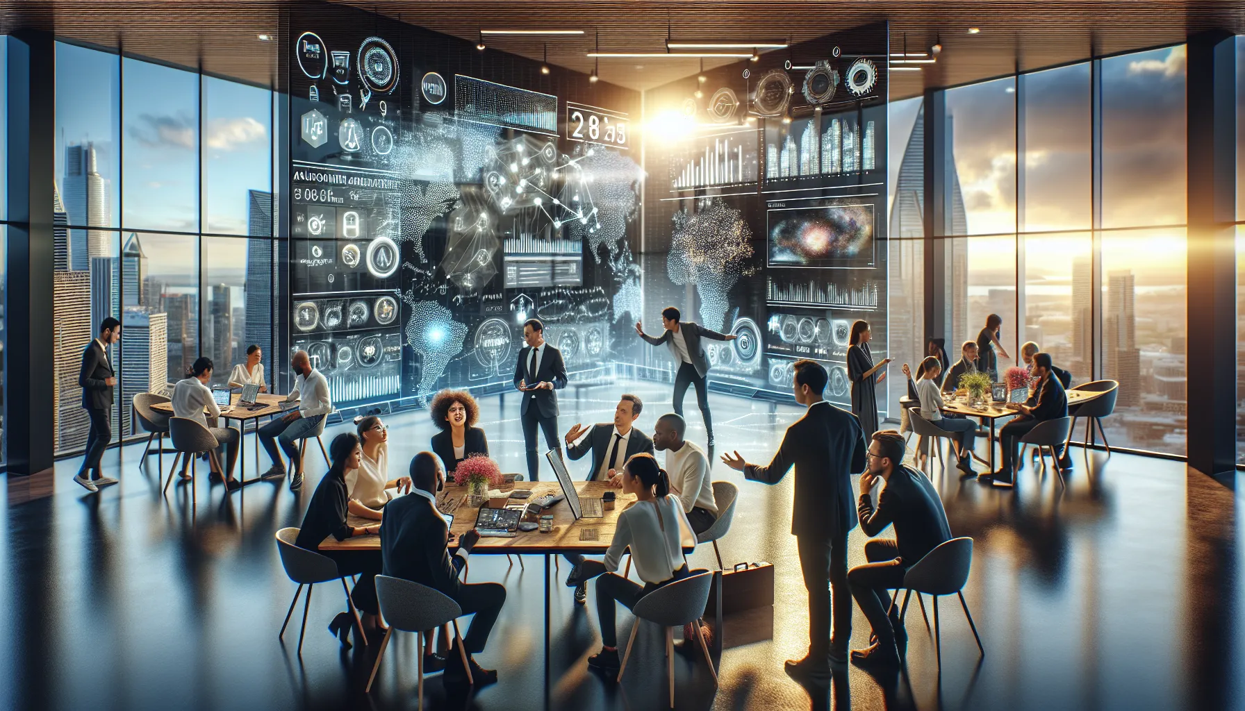 diverse team collaborating on future trends in a modern office.