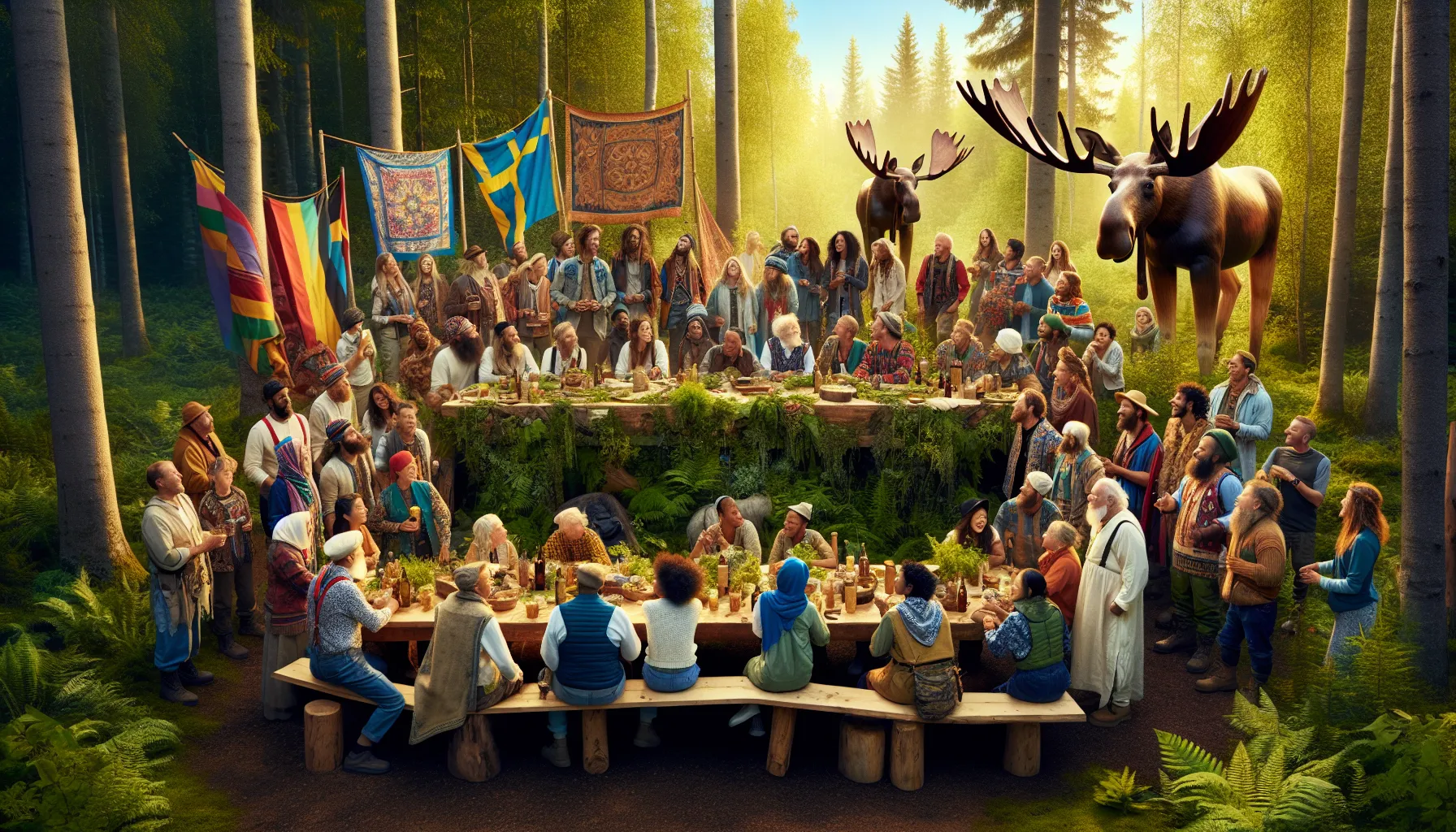 people celebrating älgföuga in a forest, honoring nature and wildlife.