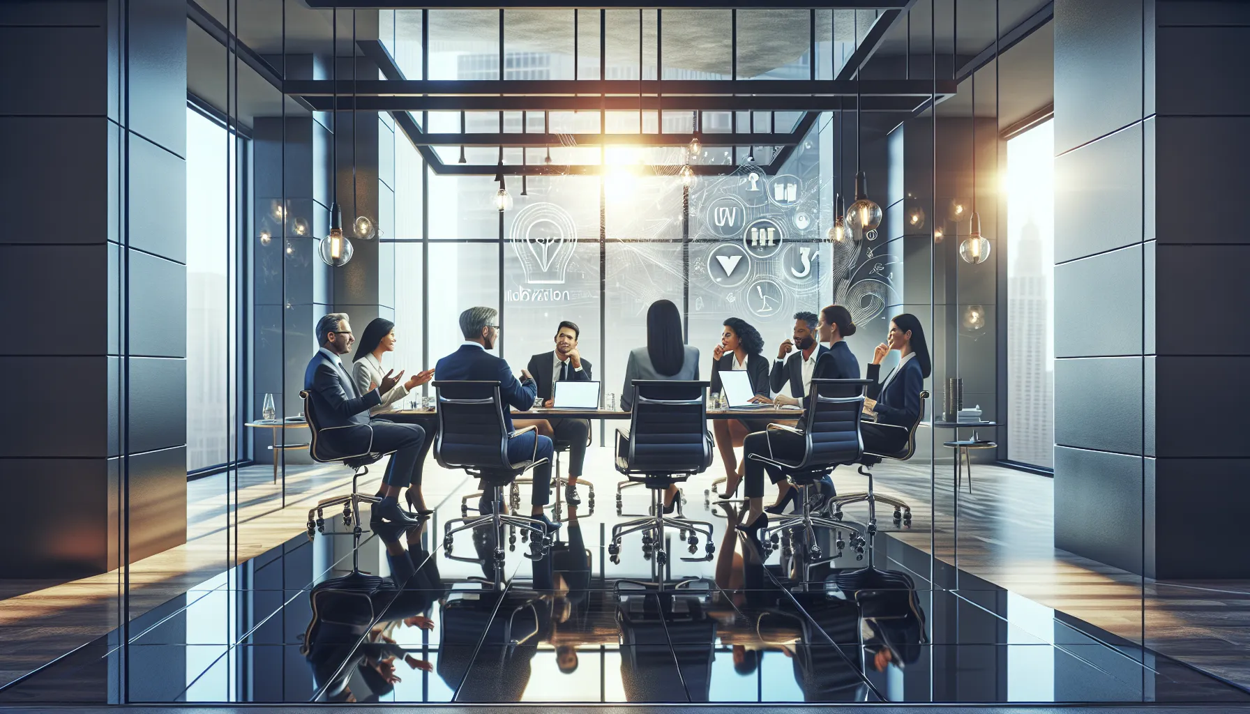 diverse professionals brainstorming in a modern office setting.