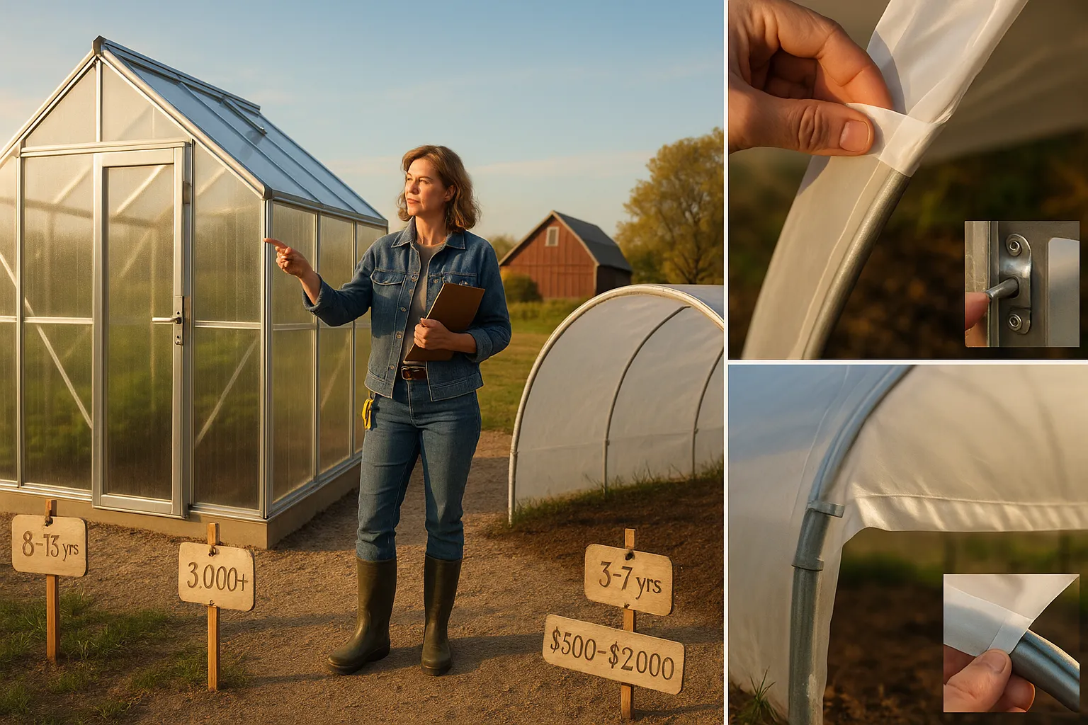 A gardener comparing a glass greenhouse and a polytunnel on a small farm.