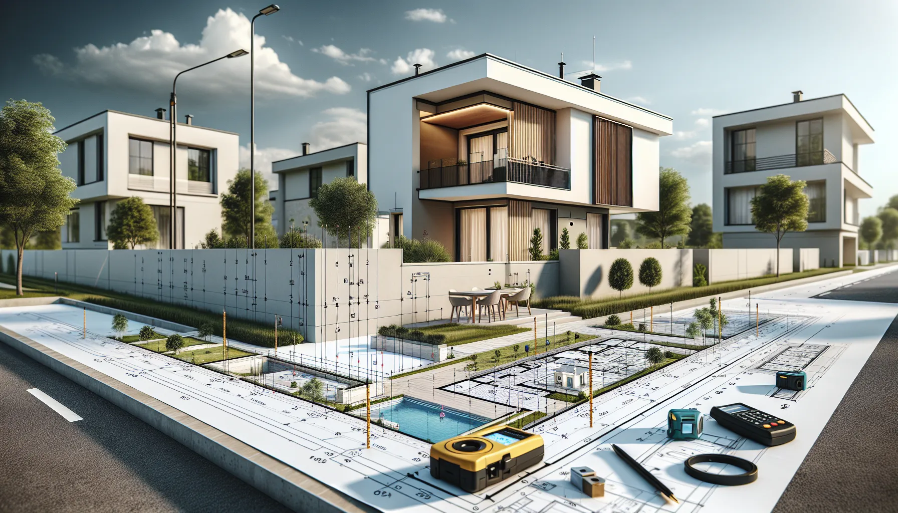 Modern house with boundary markers showing proper distance from property line